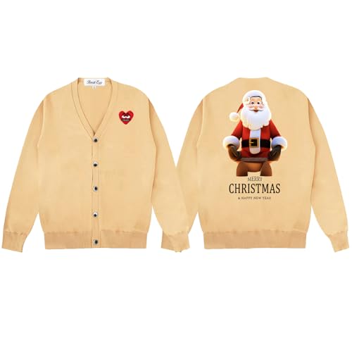 Christmas Santa Claus Printing Men Cardigan V-Neck Red Snag Eyes Heart Embroidery Cotton Button Casual Fit Open Front Sweater