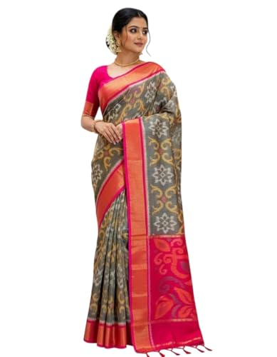 Image of AYYAPPASILK Women's Exclusive Ikkat Silk Saree for Designer Border with Contrast Blouse