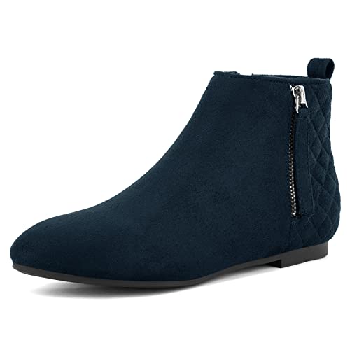 MaxMuxun Women's Ankle Boots Flat Low Heel Booties Ladies Quilted Fall Winter Fashion Boots with Side Zipper Navy Faux Suede Size 8.5