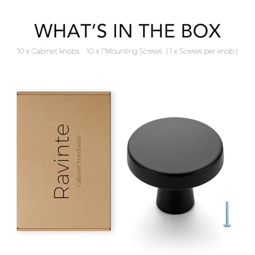 Image of Ravinte 10 Pack Single Hole Matte Black Cabinet Knobs and Handles - Solid Drawer Pulls for Kitchen Hardware - Flat Black Round Knobs