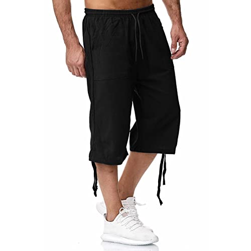 Capri Pants Men Loose Fit 3/4 Summer Drawstring Casual Trendy Pant Basic Solid Color Classic Trousers with Pockets2