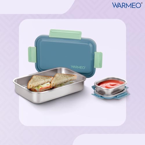 Buy WARMEO Carnival Stainless Steel Airtight Leak-Proof Lunch Box, Light Weight, Easy to Clean, Perfect for Office, School, Picnic & Travelling, Set of 2 (800ml+150ml) Blue & Mint Online at Low Prices in India - Amazon.in - Image 3