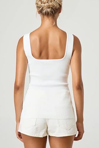 Image of Women Square Neck Button Down Knit Tank Top Button-Up U Neck Sleeveless Backless Solid Slim Sexy Sweater Vest Tops