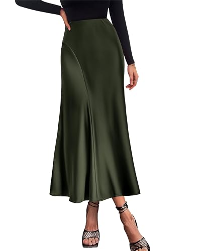 Image of KIRUNDO Women's Satin Maxi Skirt 2026 Summer Fall Trendy High Waisted Wedding Cocktail Party Work Silk A-Line Formal Skirts