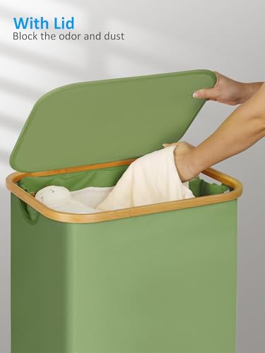 Image of efluky Laundry Basket with Wheels, Tall Rolling Laundry Hamper with Lid and Removable Bag, Aesthetic Dirty Clothes Hamper on Wheels for Laundry Room, Bedroom, Dorm and Bathroom, 100L Green