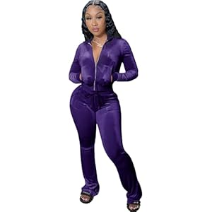 yidengymx Womens 2 Piece Velour Tracksuit Two Piece Outfits for Women Long Sleeve Zip Up Crop Tops Sweatpants Sets Pockets X-Small Hoodie/Wide Leg Pants-purple