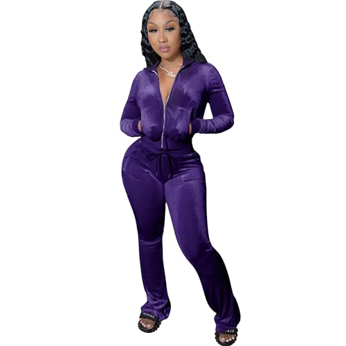 yidengymx Womens 2 Piece Velour Tracksuit Two Piece Outfits for Women Long Sleeve Zip Up Crop Tops Sweatpants Sets Pockets X-Small Hoodie/Wide Leg Pants-purple