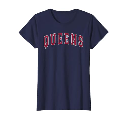 Queens New York Souvenir College Style Red Text T-Shirt, Women, Navy Blue, Small