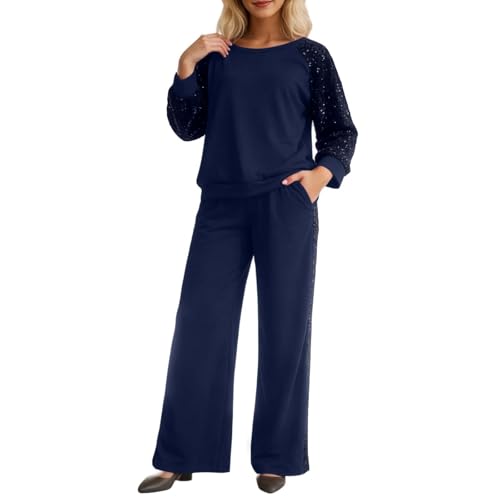 Top de punto elegante y cómodo con lentejuelas, manga larga y pantalón a juego para lucir perfecta