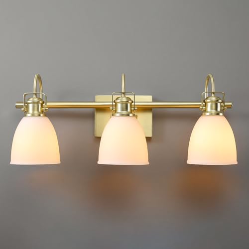 Image of Globe Electric 4-Piece All-in-One Bathroom Set, Matte Brass, 3-Light Vanity Light with Frosted Opal Glass Shades, Towel Bar, Toilet Paper Holder, Towel Ring