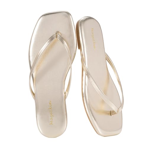 mazeskin Womens Flip Flops Memory Foam Square Toe Flat Sandals Vegan Leather Summer Beach Slides Gold US8
