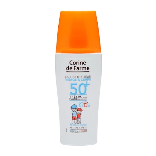 Corine de Farme Leche protectora SPF50+ Kids – Alta protección solar para cara y cuerpo – para la piel sensible de los niños – Monoï de Tahití – Hipoalergénico – 150 ml – Fabricado en Francia