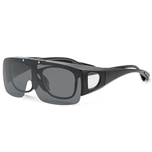 Passt über normale Korrektionsbrillen mit aufklappbarer polarisierter Linse, sichere Fahrbrille, blendfreie Sonnenbrille Shield Wrap Around Shades UV-Schutzbrille Rechteckbrille für Damen Herren Cover