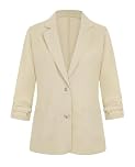 LADI TREND 3/4 Ruched Sleeve Womens UK Elegant Blazers Cotton Linen Jackets Suits Summer Outerwear Lightweight Top Suits Weddings Dates (Beige XL)