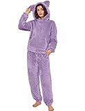 Flygo Women's Fluffy Pajamas Sets Fleece Loungewear Pullover Bear Ear Fuzzy Hoodie Plush Pants 2 Piece Sleepwear with Pockets(Purple-L)