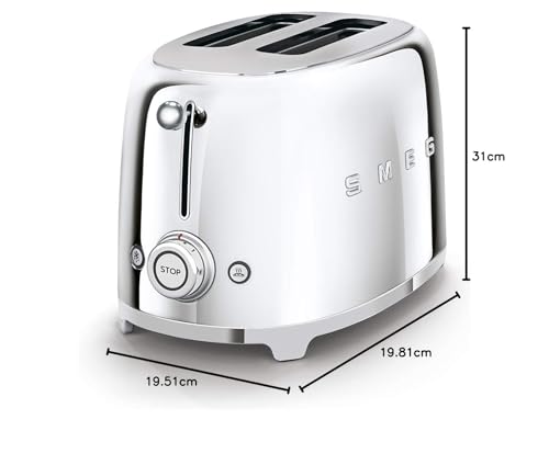 Smeg, Grille-pain 2 Tranches TSF01SSEU, 2 Fentes 36 mm, 6 Niveaux de Brunissage, Fonction Chauffage, Décongélation et Bagel, Éjection Automatique du Pain, Ramasse Miettes, 950 W, Acier
