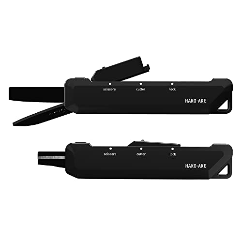 Image of KOKUYO 2-Way Portable Scissors, HAKO-AKE Compact Pocket Size Travel Scissors, Titanium Blade All Purpose Craft Scissor Box Cutter for Office, Travel and Home. Black (HASA-T420D)