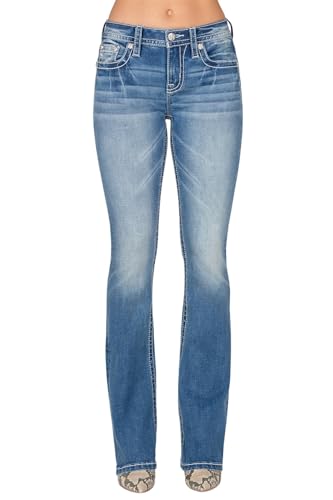 Miss Me Women's Mid Rise Bootcut Jeans, Faux Flap Pockets with Floral Embroidery, Boot Cut Stretch Denim Pants, Slim Fit2
