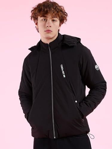 Image of The Indian Garage Co Men Black Regular Fit Solid Hooded Bomber Jacket