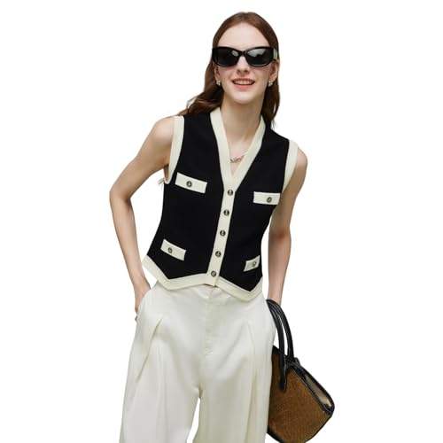 Image of Women's Striped Cropped Knit Vest - Sleeveless V Neck with Gold Buttons, Business Casual Multi-Season Layering Top