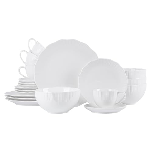 QOMO-1996 Porcelain Dinnerware Set, 20 Pieces Radial Embossed Plates and Bowls,Cups,Saucers, Chip and Scratch Resistant Ceramic Dinnerware Set, Elegant Dingware Dish Set in White Service for 4