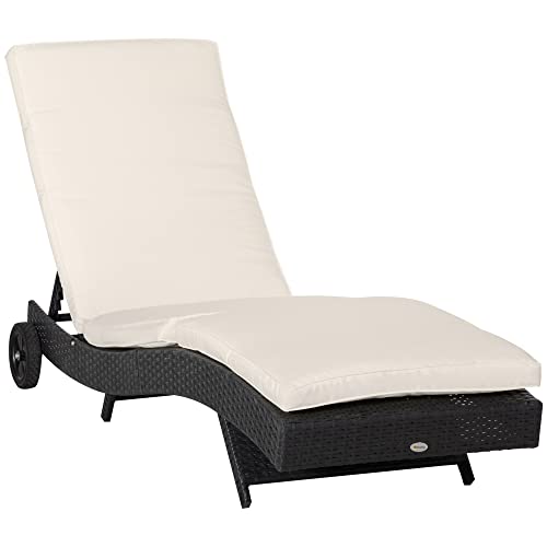 Outsunny Bain de Soleil transat Grand Confort - Dossier inclinable 5 Positions roulettes - Matelas déhoussable Inclus - résine tressée Noire et Beige