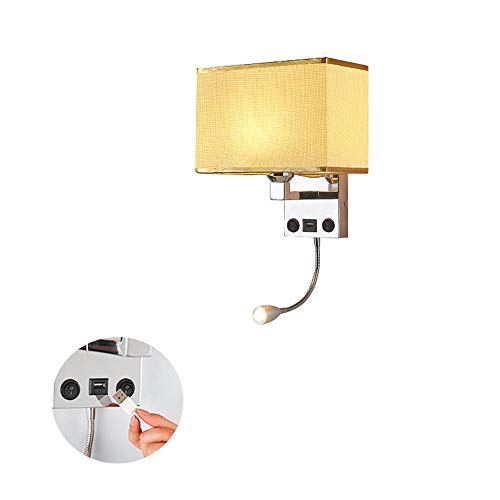 Moderne LED Applique de Chevet Murale avec Interrupteur et Port USB Chambre Lampe de Chevet E27 Abat-Jour en Tissu Lampe Murale Ajustable Lampe de Lecture Spotlight Salon Hôtel Cover