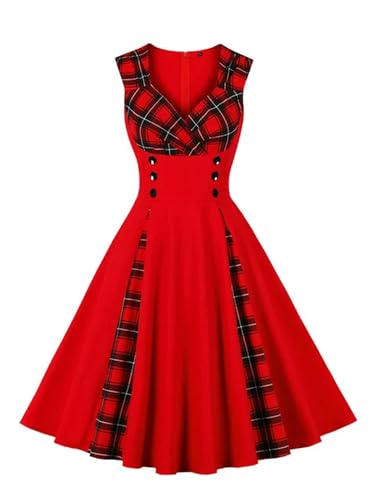 Schwarz und Schottenkaro, herzförmiger Ausschnitt, zweireihig, 50er-Jahre-Robe, Damen, ärmellos, Sommer-Rockabilly-Kleider, Rot, L