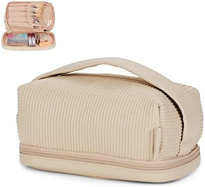 Travel Cosmetic Bag Large Capacity Travel Makeup Bag for Women, Leather Double Layer Makeup Bag with Makeup Brush Compartment, Makeup Bag for Girls Travel Bathroom Portable Beige Makeup Bag