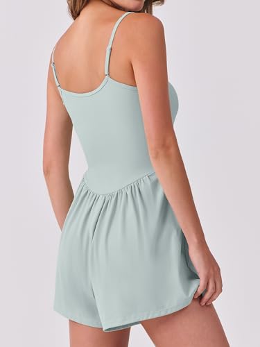 Image of ANRABESS Women Rompers Summer Casual Sleeveless Spaghetti Strap Jumpsuit Built-in Shorts Athletic Workout One Piece Outfits Light Green Medium