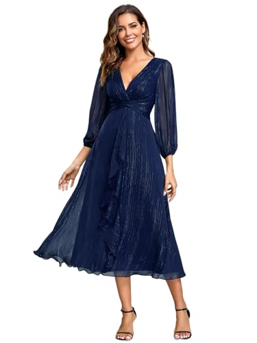 Ever-Pretty Women's Elegant A Line Ruched V Neck Long Sleeves Tea-Length Wedding Guest Dresses 01977