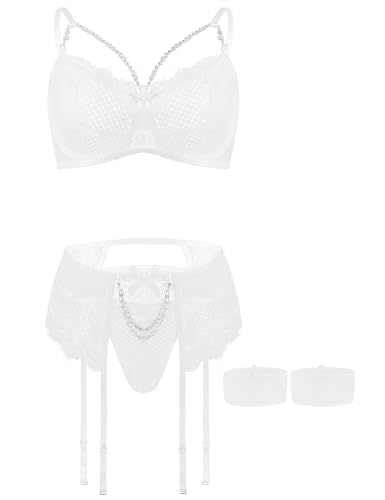 Aranmei Sexy Femme Ensemble Lingerie Jarretière avec Porte Jarretelles Dentelle Soutien-Gorge et Culotte Ensemble,Blanc,M