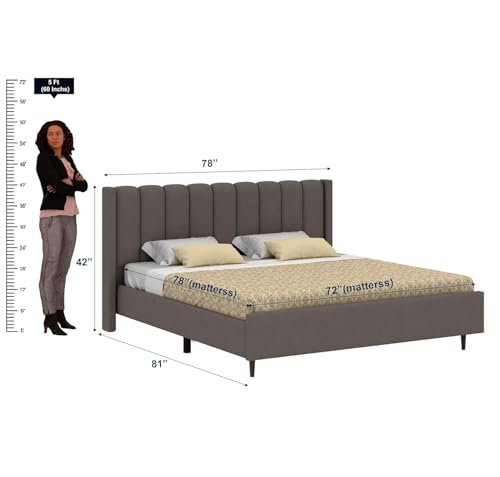 Image of Ganpati Arts Solid Sheesham Wood Emperor Upholstered King Size Bed Without Storage | Wooden Double Bed Palang Furniture for Bedroom, Living Room, Home and Hotel (Grey)