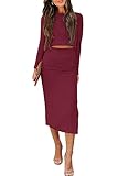 PRETTYGARDEN Womens 2023 Fall 2 Piece Outfits Track Suits Long Sleeve Crop Tops Bodycon Midi Skirt Slit Dress Matching Sets (Wine Red,Large)