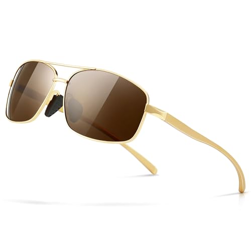 SUNGAIT Ultra Lightweight Rectangular Polarized Sunglasses Men UV400 Protection (Gold Frame Brown Lens, 62) Metal Frame SGT458 JKC-CA