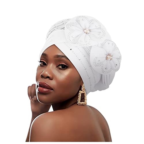Woeoe Women African Head Wraps White Rhinestones Head Scarf Floral Pearls Beanie Cap Headwear #TOP6