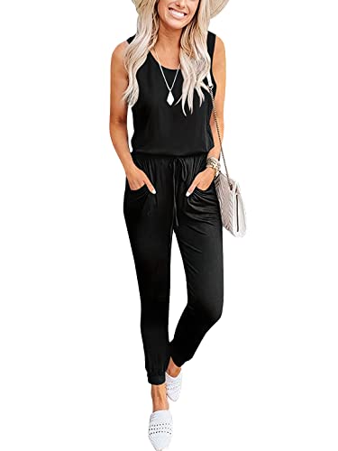Caracilia Women's Tank Jumpsuit Casual Sleeveless Rompers Beam Foot Elasitic Waist Rompers Jumpsuits With Pockets C20A8-Heise-L #TOP15