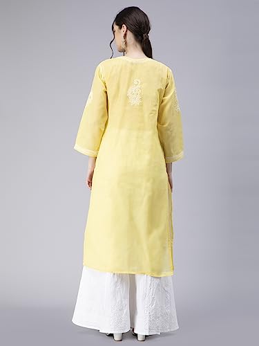Image of Seva Chikan Hand Embroidered Lucknowi Chikankari Appricot Cotton Kurta Kurti for Women SCL4321