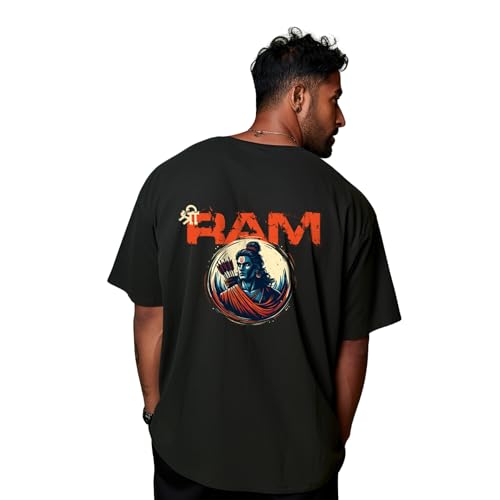 Image of prabhu bhakti Men's Oversized Shri Ram Printed Black T-Shirt | Back Print Drop Shoulder Pure Cotton Oversized Tshirt for Men