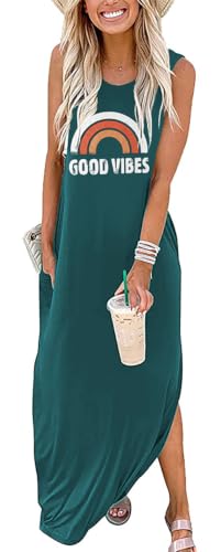 Image of Womens Good Vibes Rainbow Sleeveless Funny Grapic Maxi Dress Summer Casual Letter Tank Dresses with Pockets