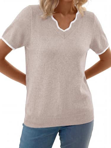 GKBK Women Short Sleeve V Neck Sweater Lightweight Pullover Top Fashion Clothing for Business Casual Work Outfits Spring Summer 2026 White-Gray XX-Large — view 4