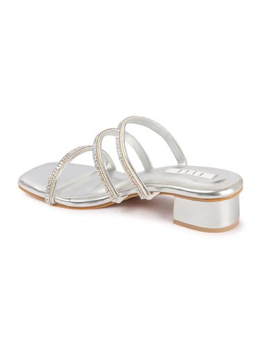 Image of ELLE women's Square Toe Block heel Slip-On sandal with Embellished Strap