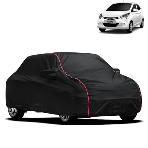 Image of Waterproof Car Cover for Hyundai Eon | All-Weather Protection, Dustproof & UV Resistant | Triple Stitched Mirror Pockets, Windproof Buckle Strap with Elastic Hem, Black-Red Piping