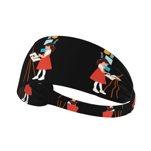 Elastic Sports Headband Hairband BROLEO Little girl drawing seriously Printing Quick Drying, Moisture Wicking