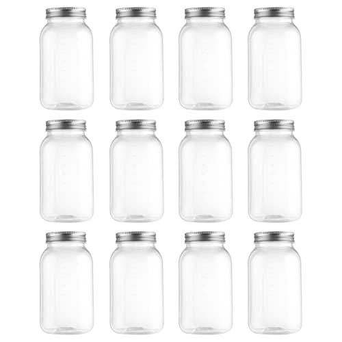 novelinks 32 OZ Clear Plastic Mason Jars with Lids - Dishwasher Safe Plastic Mason Jars 32 OZ Plastic Jars with Lids for Kitchen & Household Storage (12 Pack) (Silver)