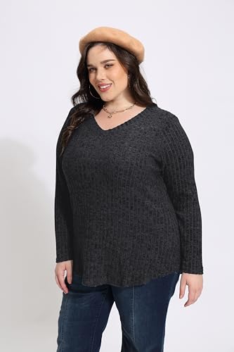 Image of RITERA Plus Size Sweater, Ribbed Long Sleeve Solid Top for Women | Soft vertical ribbed knit, modest V neck, loose long sleeves, curved swing hem, slimming casual layering top for curvy women