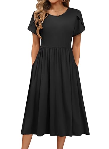 Image of HOTOUCH Women's Summer A-Line Midi Dresses 2026 Casual Floral Short Sleeve T-Shirt Dress Flowy Beach Sundress with Pockets