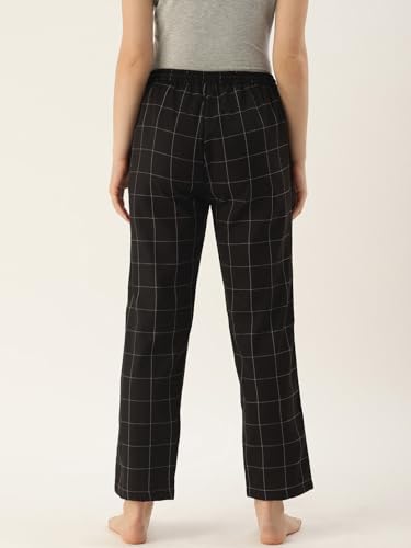 Image of KRYPTIC women Checks Woven lounge pyjama - Pure cotton, relaxed fit, Ultra soft (Black;XL)