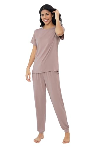 Image of Joyaria Women's Bamboo Viscose Cooling Pajamas Short Sleeve Crewneck Top & Jogger Pajama Pants with Pocket S-XXL