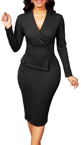 Image of SxClub Business Dresses for Women Elegant Long Sleeve Bodycon Pencil Knee Length Formal Dress for Evening Cocktail